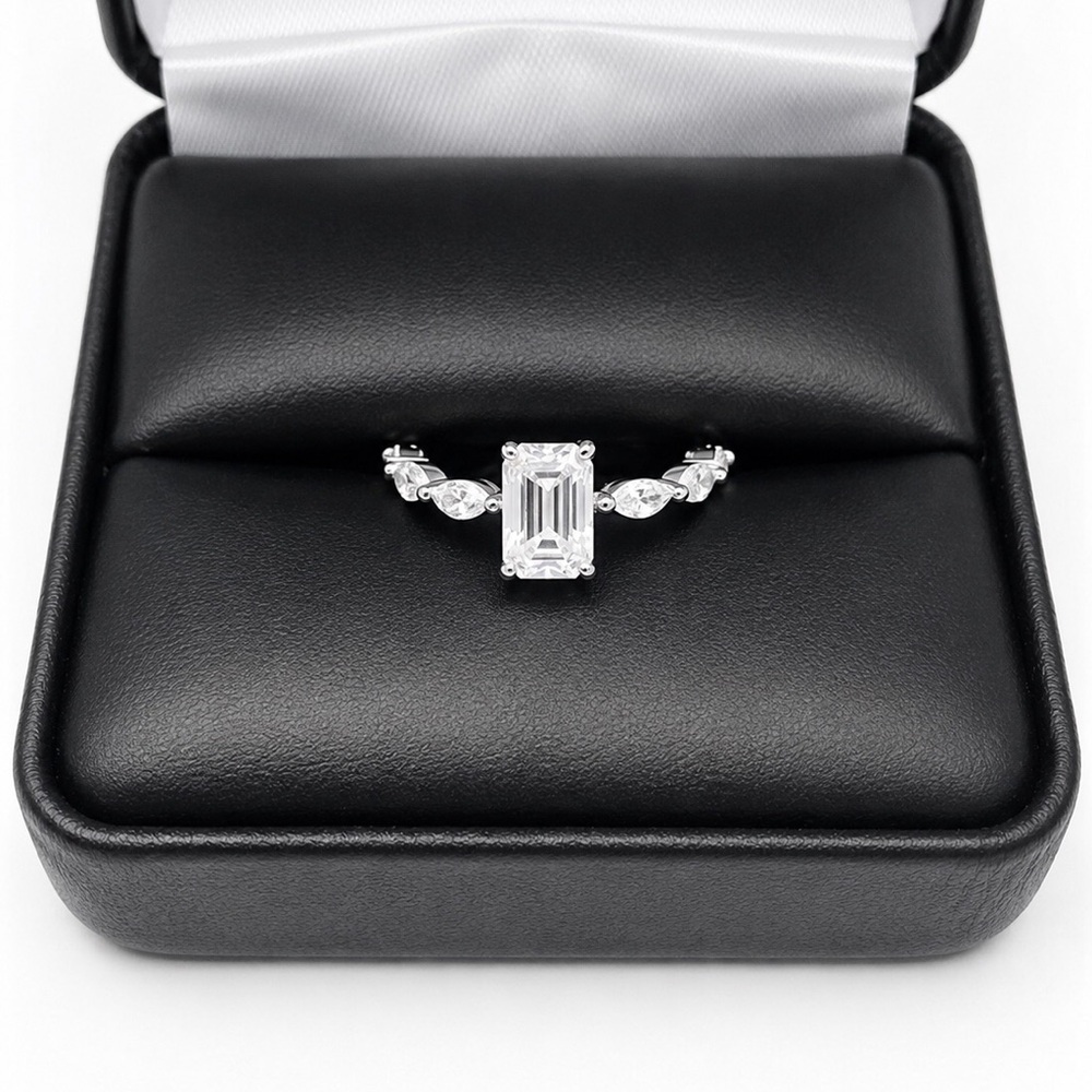 925 Sterling Silver 1.00CT MOISSANITE Small Emerald Cut Engagement Ring